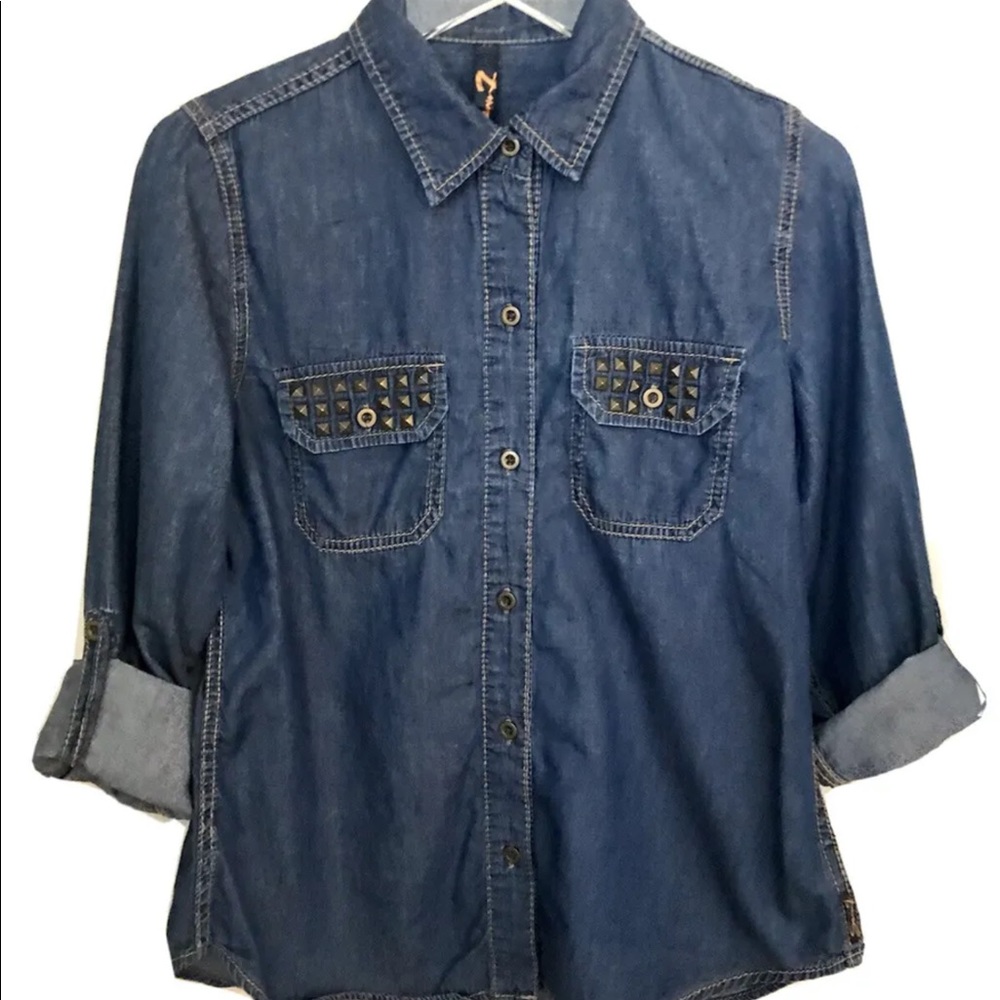 Seven Women’s Embellished Denim Roll Up Sleeve Blouse Blue M